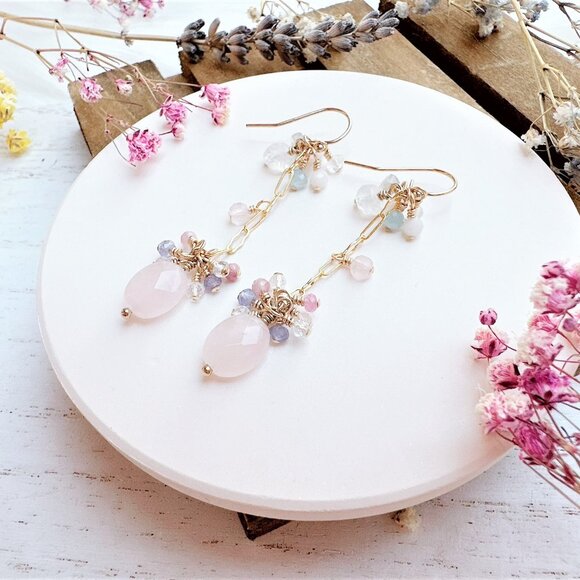 New Handmade Rose Quartz with Tiny Gemstones Cluster Long Dangle Earrings - Picture 3 of 4